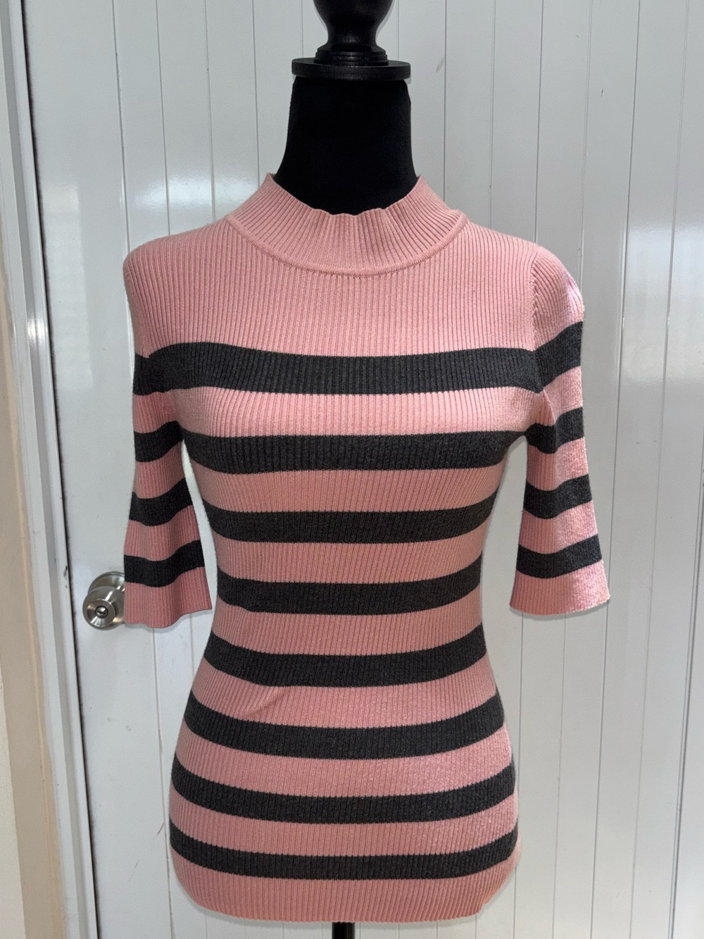 Striped Pink & Gray Short Sleeve Knit Sweater
